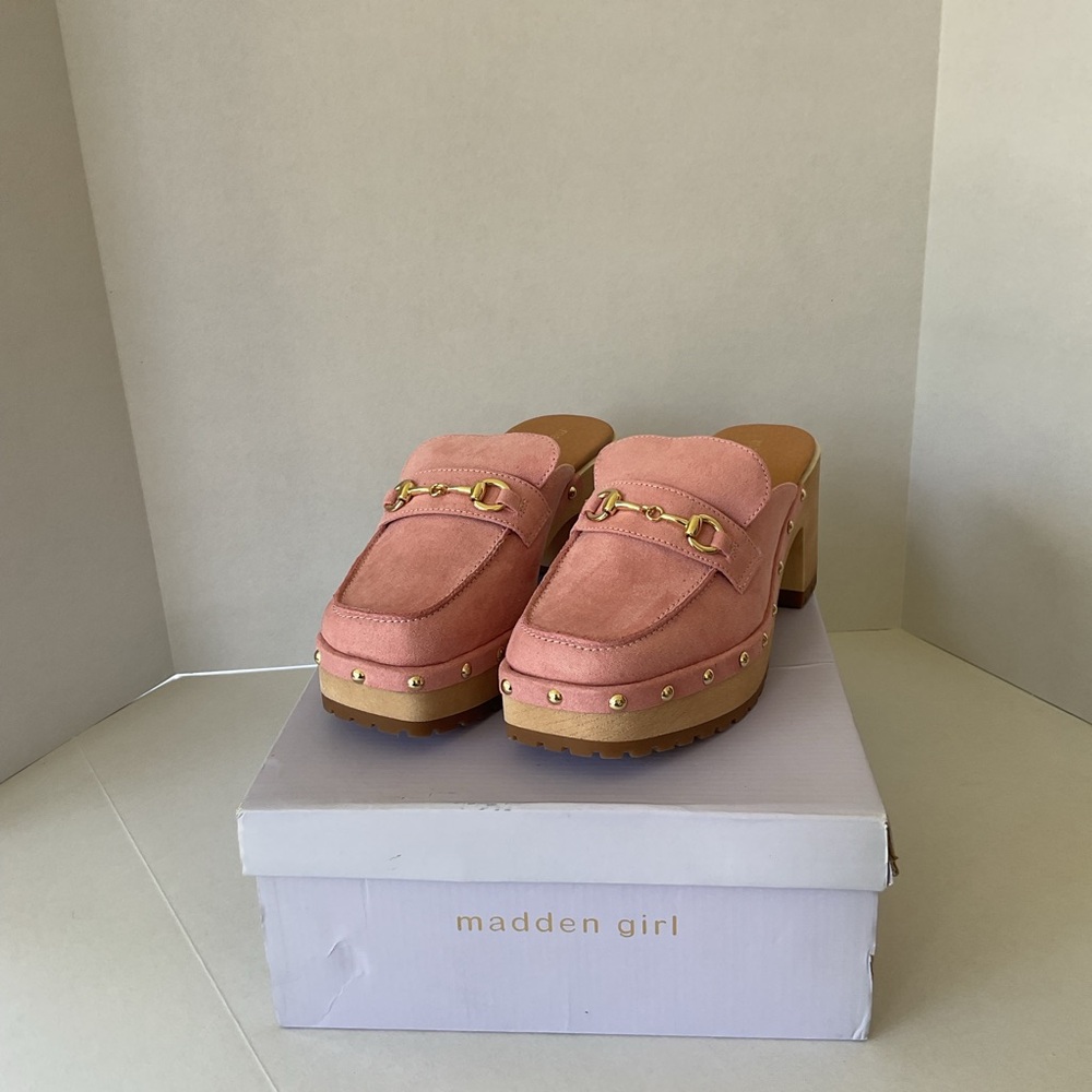 Madden Girl Pink Mules with Gold Accents